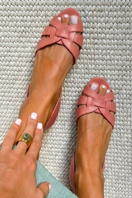 Woven Strappy Open Toe Closed Back Pink Flats