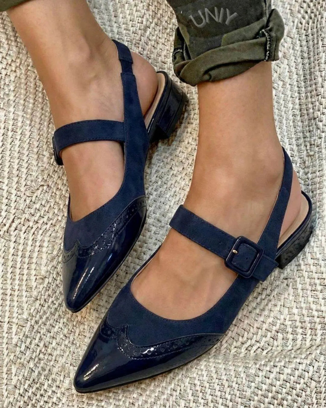 Elegant Navy Patent Brogue Pointed Toe Slingback Flats