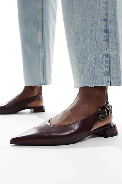 Pointed Toe Solid Color Slingback Strap Buckle Burgundy Flats