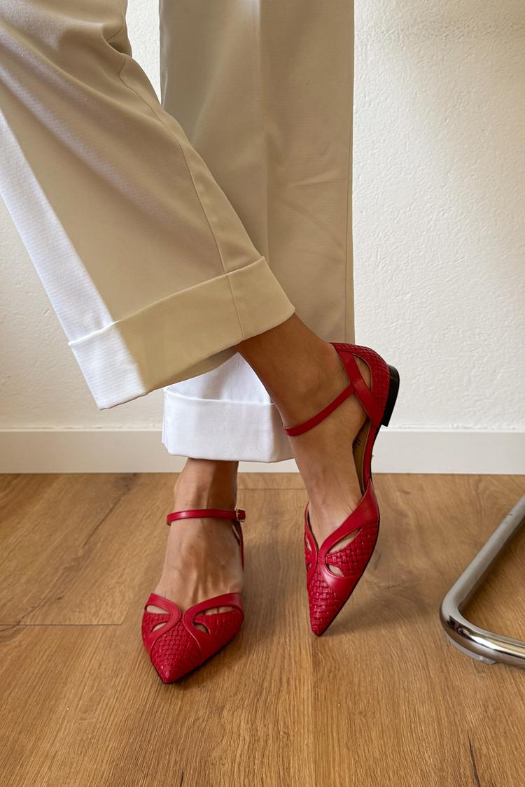 Hollow Out Ankle Strap Buckle Pointed Toe Red Flats