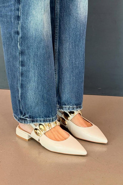 Metal Decor Pointed Toe Slingback Beige Flats
