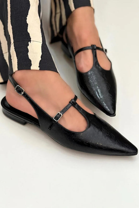Chic T-strap Buckle Pointed Toe Slingback Black Flats