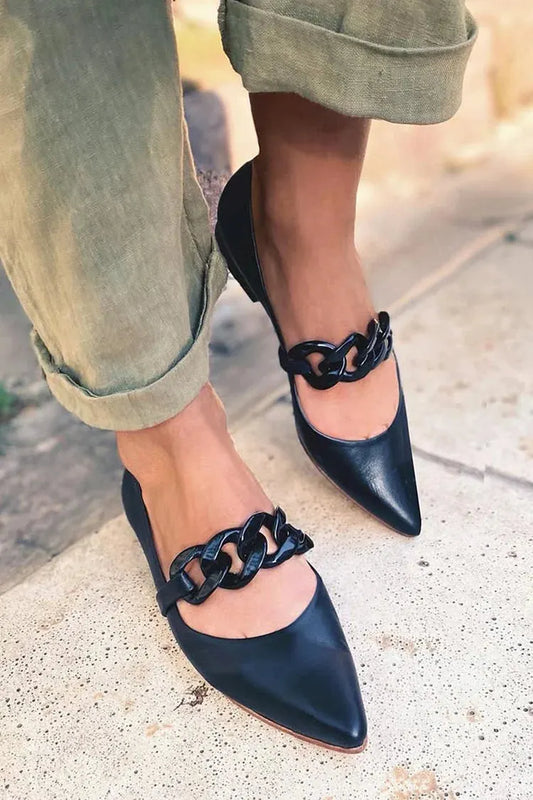 Metal Chain Decor Solid Color Pointed Toe Black Flats