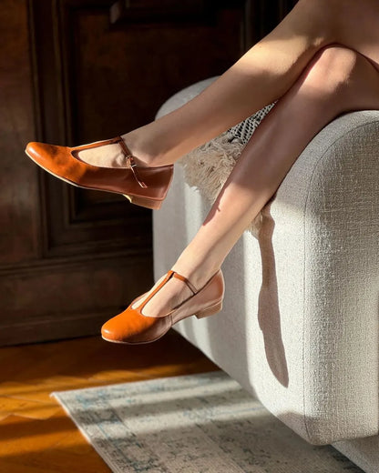 Round Toe T-Strap Leather Solid Color Ankle Strap Flats