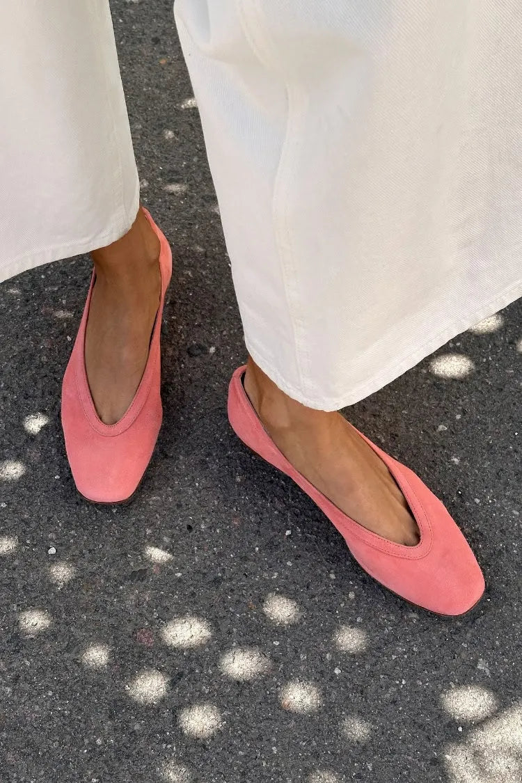 Pink Suede V-Cut Square Toe Slip On Flats