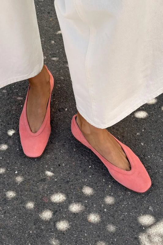 Pink Suede V-Cut Square Toe Slip On Flats