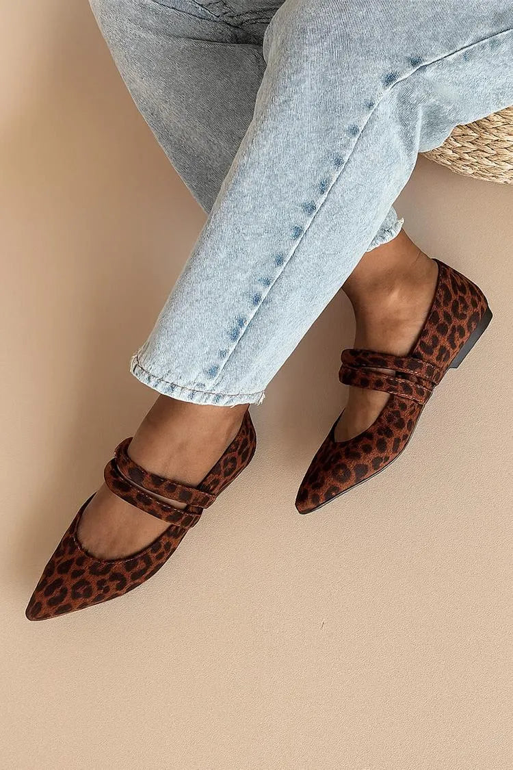 Leopard Print Two Instep Strap Pointed Toe Brown Flats