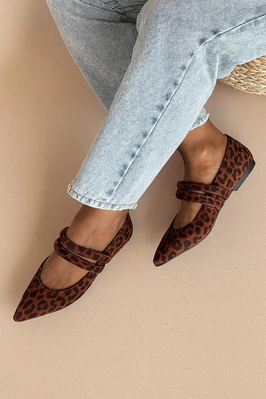 Leopard Print Two Instep Strap Pointed Toe Brown Flats