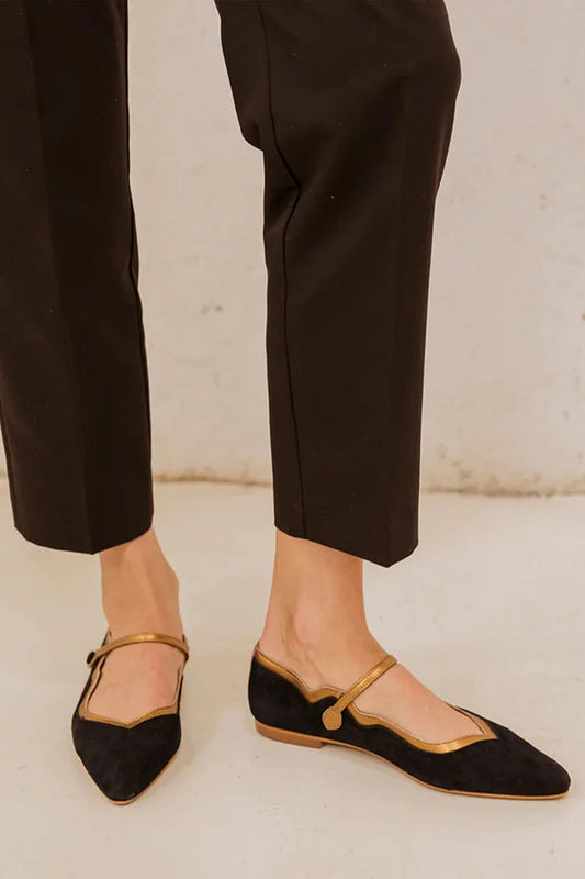 Contrast Trim Instep Strap Buckle Pointed Toe Black Flats