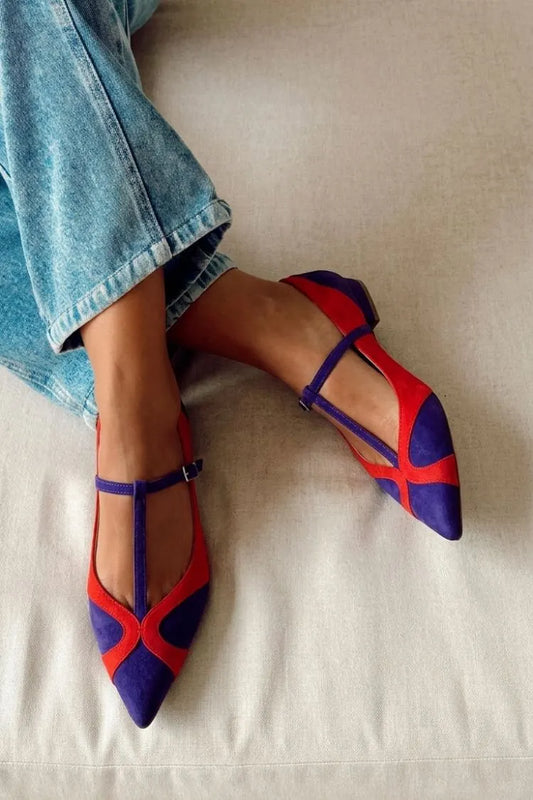Colorblock Pointed Toe Faux Suede T-Bar Flats
