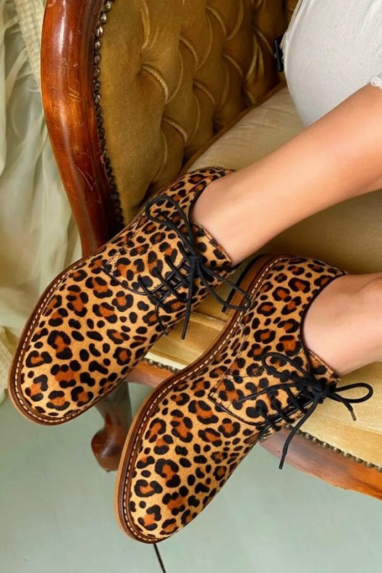 Leopard Print Lace Up Round Toe Brown Oxfords
