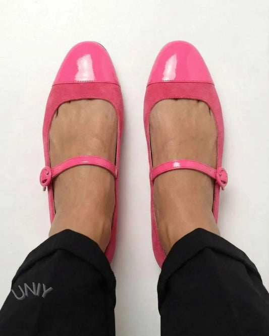 Magenta Colorblock Round Toe Ankle Strap Casual Flats