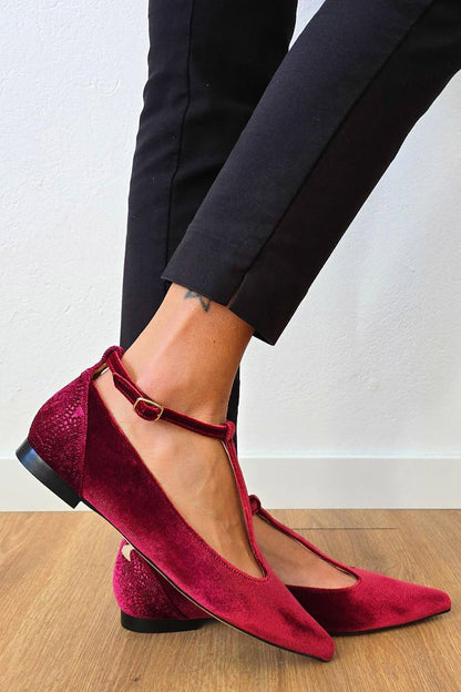 Patchwork T-Shaped Ankle Strap Pointy Toe Buckle Burgundy Flats