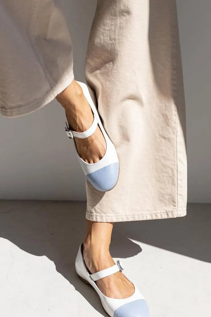 Colorblock Round Toe Instep Strap Buckle White Flats