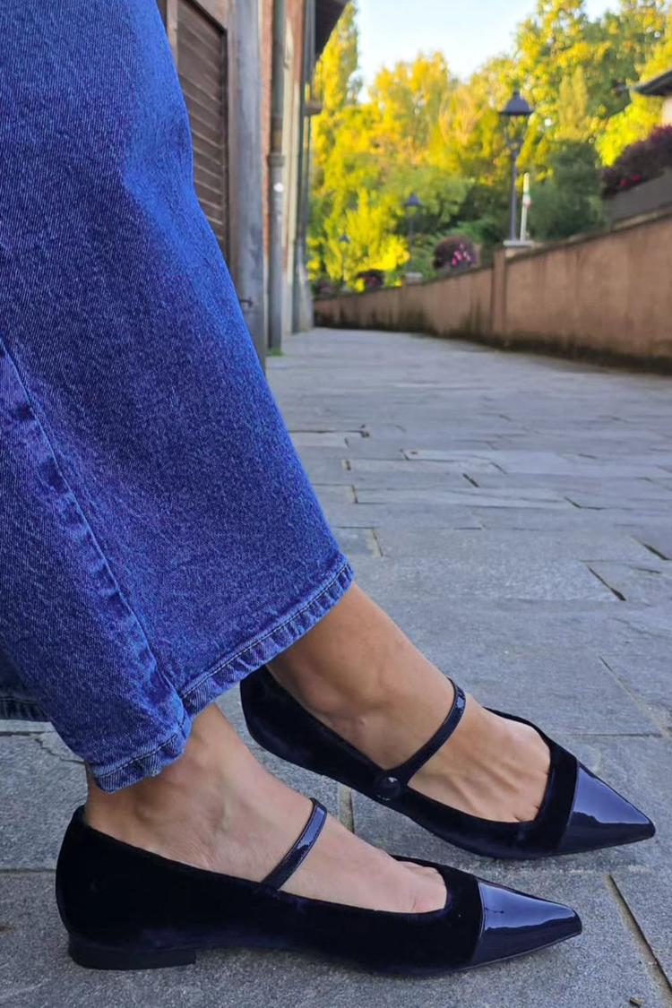 Instep Strap Velvet Patchwork Pointy Toe Navy Flats