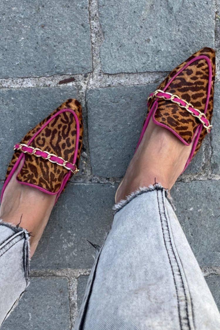Faux Leather Leopard Chain Trim Pointy Flats