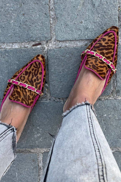 Faux Leather Leopard Chain Trim Pointy Flats