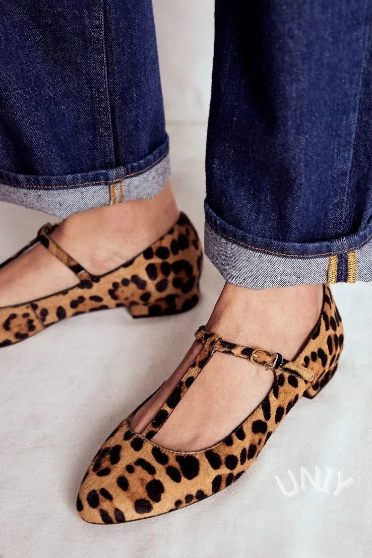 Leopard Print T-Strap Pointed Toe Casual Flats