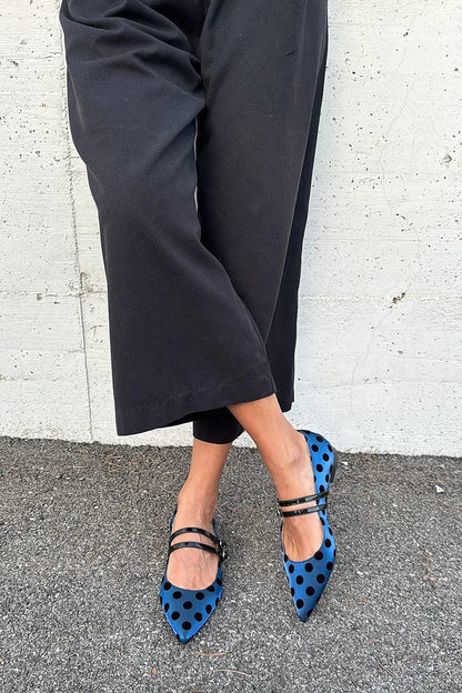 Dot Print Two Straps Buckles Pointed Toe Blue Flats