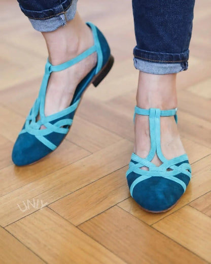 Color Block Faux Suede Pointed Toe Stylish T-Strap Flats