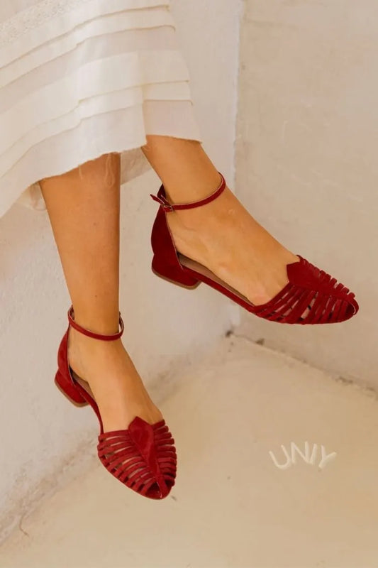 Burgundy Faux Suede Strappy Caged Ankle Strap Flats