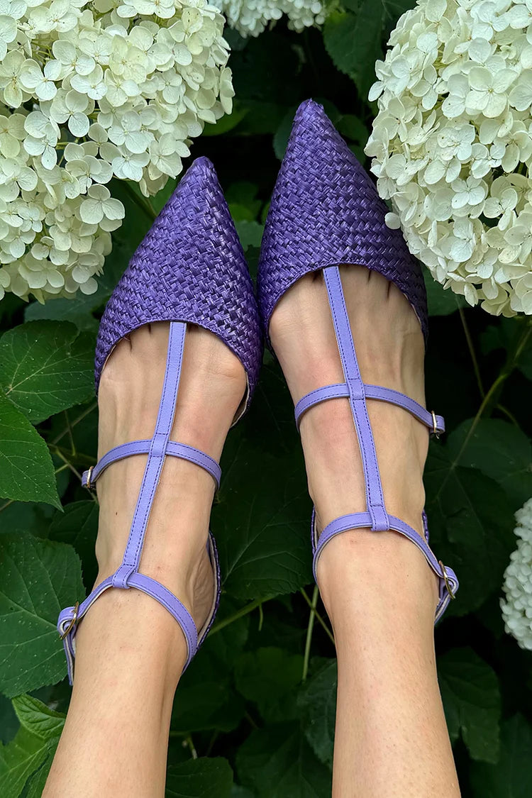 Glamorous Woven Pointed Purple Toe Strap Buckle Ankle Flats