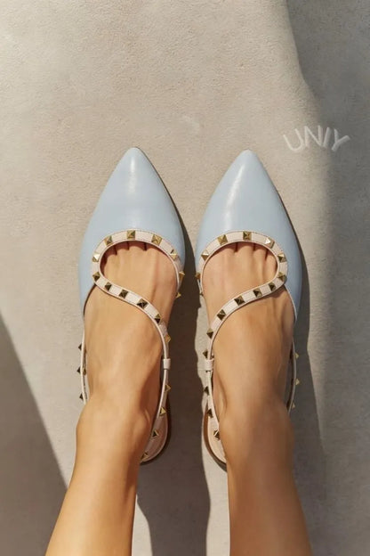 Light Blue Leather Pointed Toe Studded Slingback Flats