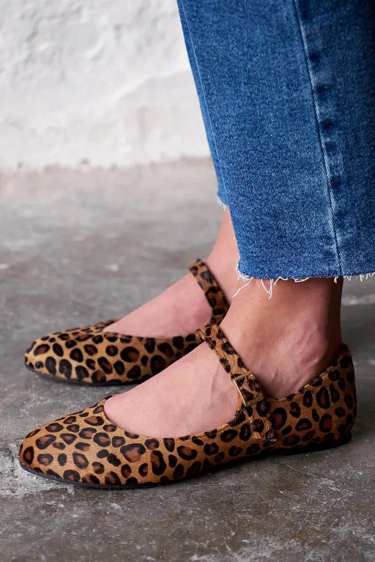 Leopard Print Instep Strap Buckle Brown Flats
