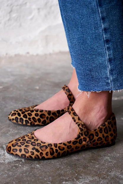 Leopard Print Instep Strap Buckle Brown Flats