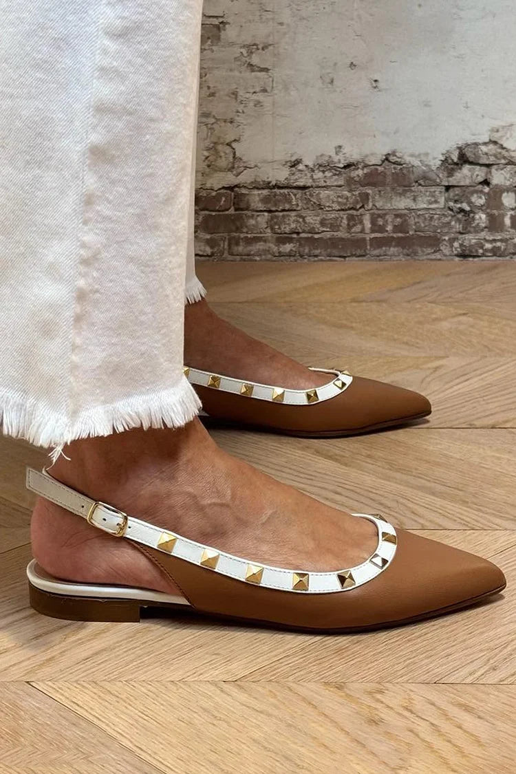 Metal Rivets Decor Contrast Trim Pointed Toe Brown Flats