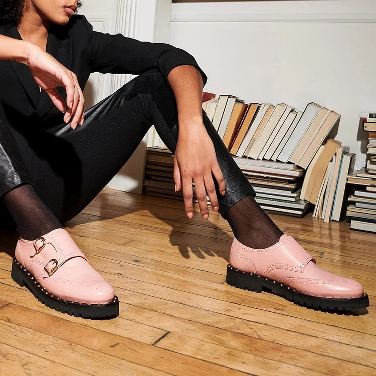 Round Toe Patchwork Buckles Casual Pink Brogue Oxfords