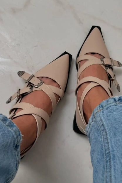 Faux Leather Multi-Strap Western-Buckle Pointy-Toe Ballet Flats