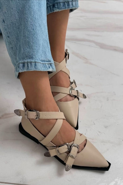 Faux Leather Multi-Strap Western-Buckle Pointy-Toe Ballet Flats