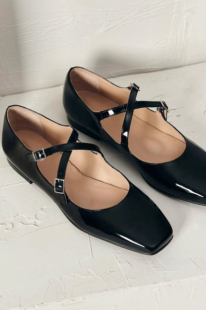 Classic Black Patent Square Toe Crisscross Ankle Strap Flats