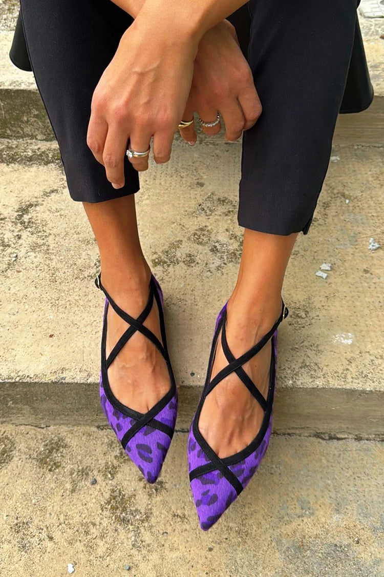 Cross Strap Leopard Print Pointed Toe Purple Flats
