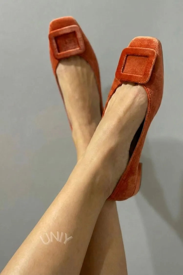 Velvet Square Buckle Soft Square Toe Flats