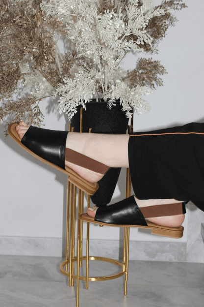 Elastic Slingback Faux Leather Open Toe Flats
