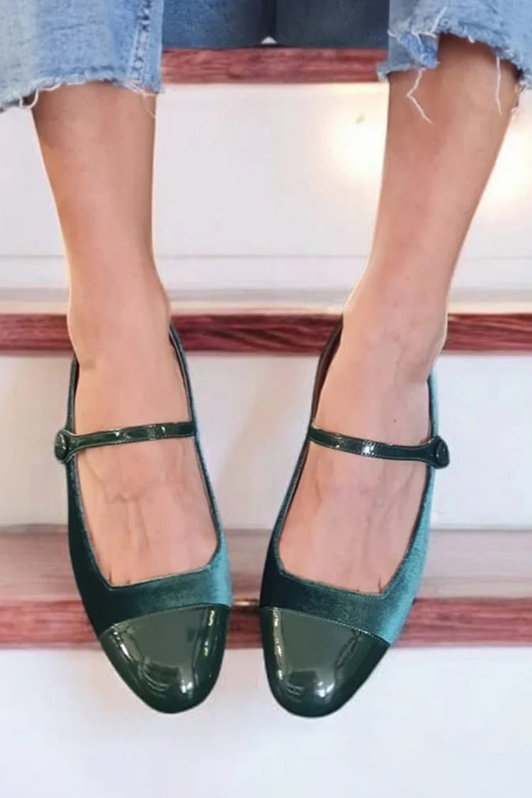 Patchwork Instep Strap Buckle Dark Green Flats