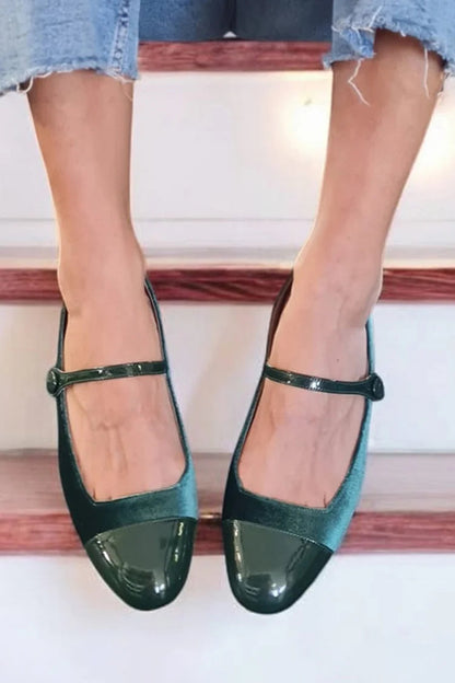 Patchwork Instep Strap Buckle Dark Green Flats