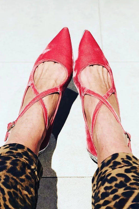 Crossover Strap Buckle Pointed Toe Velvet Red Flats