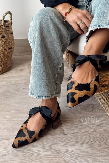 Pointed Toe Calf Hair Leopard Print Ribbon Bow Flats