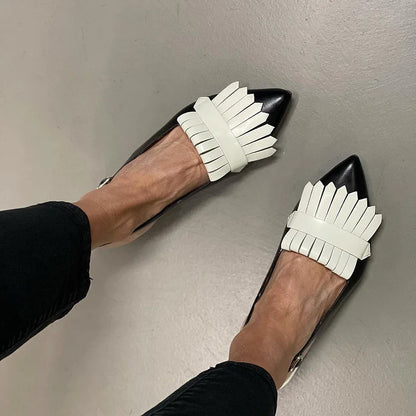 Fringed Trim Pointy Toe Strap Slingback Retro Flats