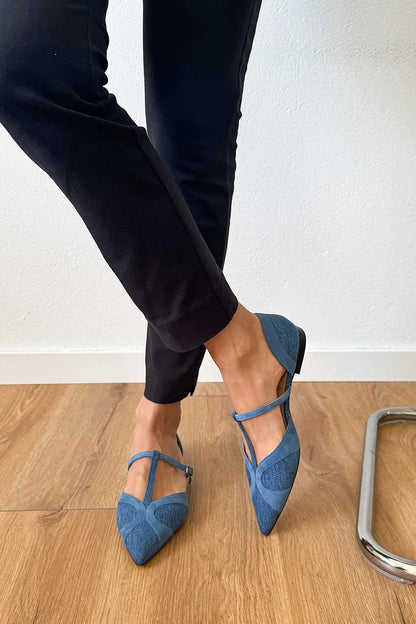 Patchwork T-Strap Buckle Pointed Toe Blue Flats