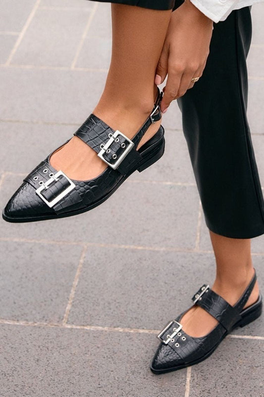 Vintage Croc-Embossed Leather Double-Buckle Pointy-Toe Slingback Flats