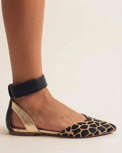Leopard Print Pointed Toe Wide Ankle Strap Versatile Flats