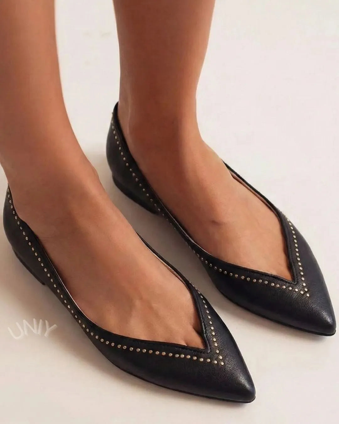 Chic Black V-Neck Pointed Toe Studded Detail Flats