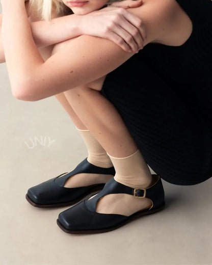 Leather Square Toe T-Strap Buckle Ankle Mary Jane Flats