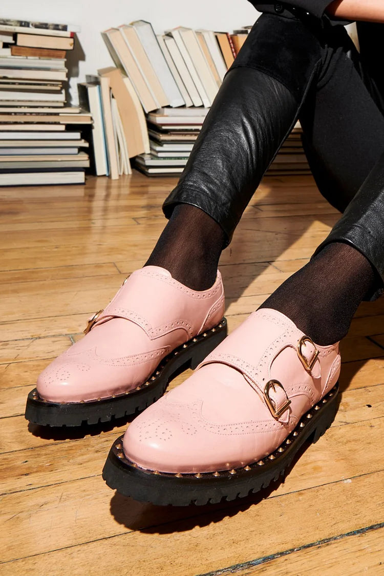 Round Toe Patchwork Buckles Casual Pink Brogue Oxfords