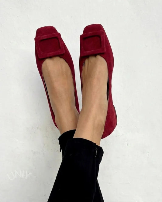 Burgundy Suede Square Toe Buckle Detail Ballet Flats