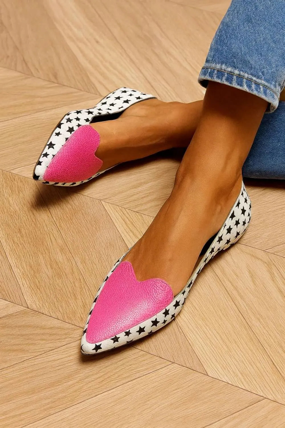 Star Print Pink Heart Pointed Toe Casual Flats
